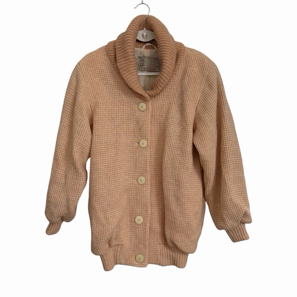 Hilda Ltd. Sweater Medium Pink Wool Cardigan Shawl Collar Waffle Knit Icelandic